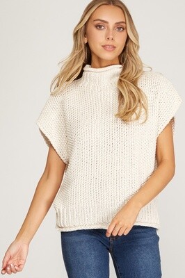 Drop Shoulder, Sleeveless, Mock Sweater in Cream