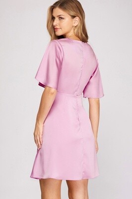 Flutter Sleeve Satin Dress in Lilac Pink
