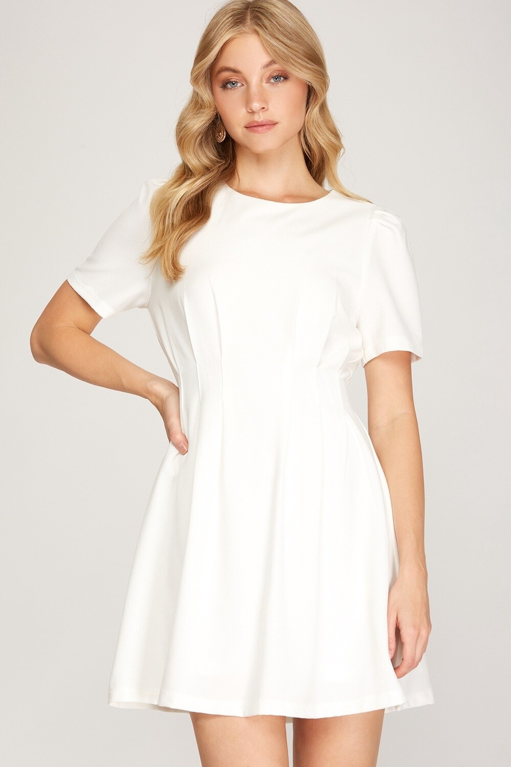 Pin Tuck Short Sleeve Dress in Off White