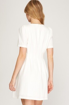 Pin Tuck Short Sleeve Dress in Off White