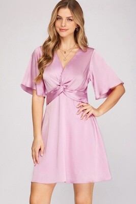 Flutter Sleeve Satin Dress in Lilac Pink