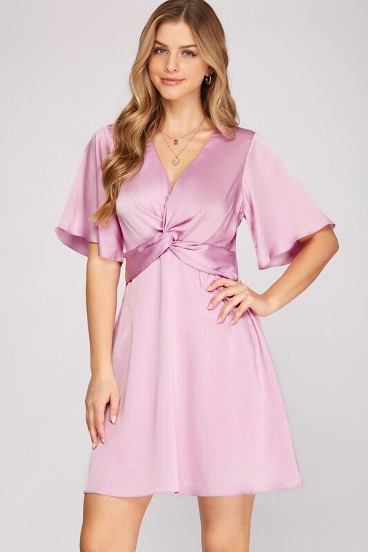 Pleated V-neck Long Sleeve Satin Dress with Pockets Blushing Pink