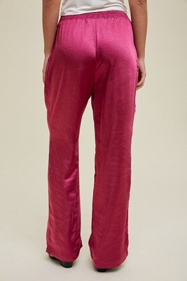 Satin Wide-leg Pants with Pleated Detail in Fuchsia