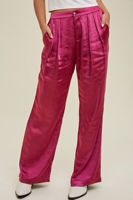 Satin Wide-leg Pants with Pleated Detail in Fuchsia