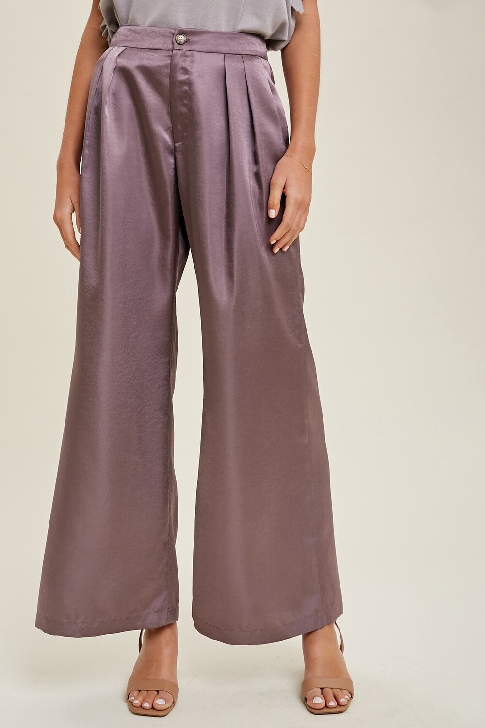 Satin Wide-leg Pants with Pleated Detail in Midnight, Size: Small