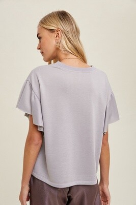 French Terry Knit Top w/Ruffle Sleeve in Cloud
