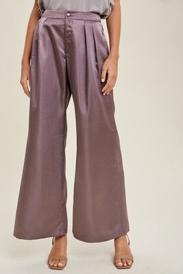Satin Wide-leg Pants with Pleated Detail in Midnight