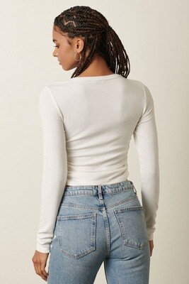 Front Cross Long Sleeve Knit Top in White
