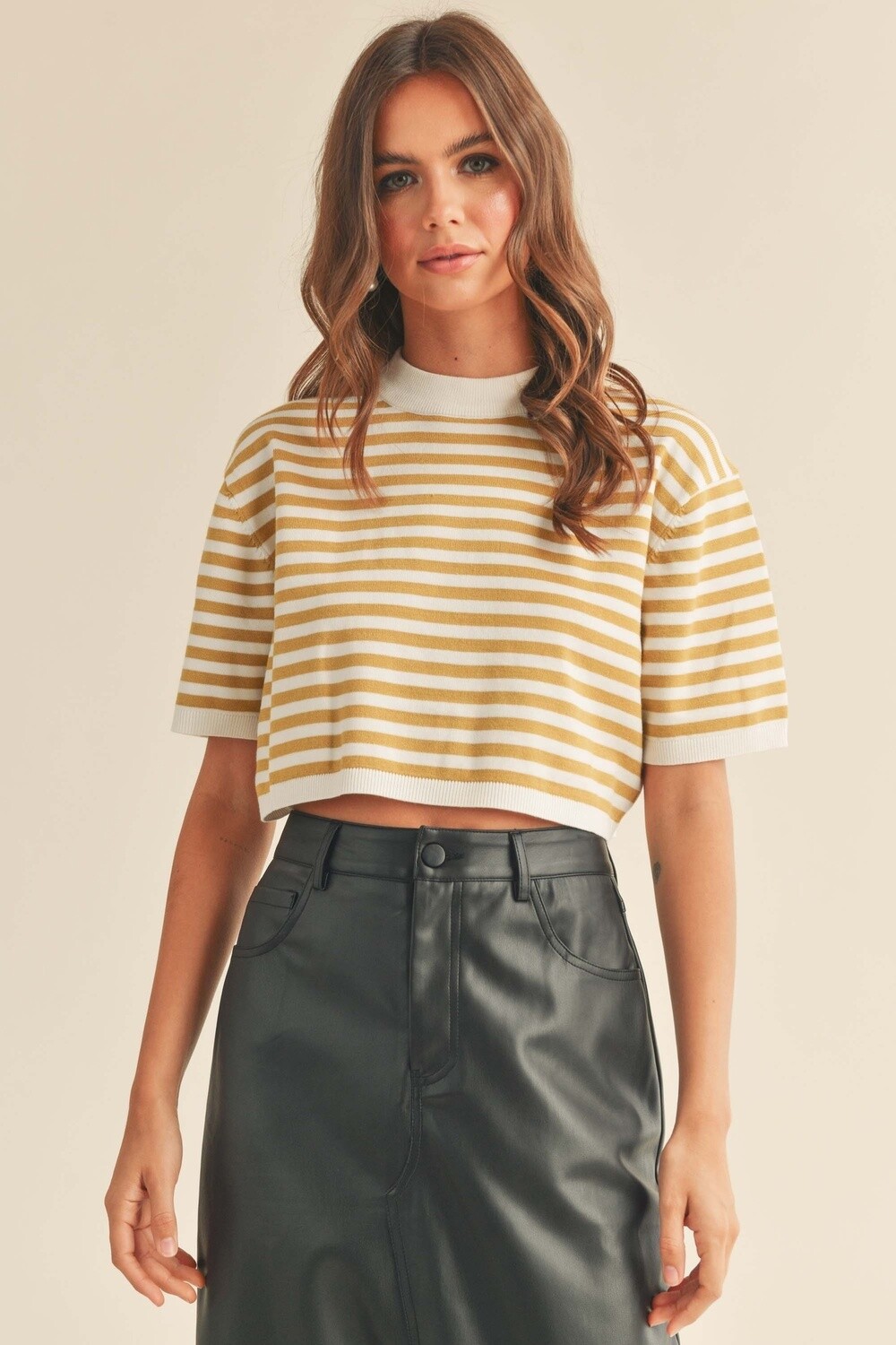 Short Sleeve Stripe Top in Mustard, Size: Small