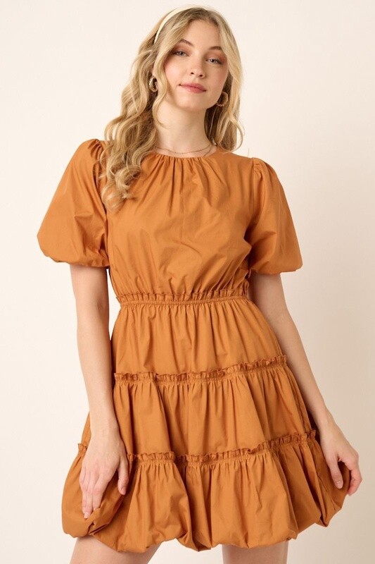 Balloon Sleeve, Bubble Hem, Mini Dress in Camel, Size: Small