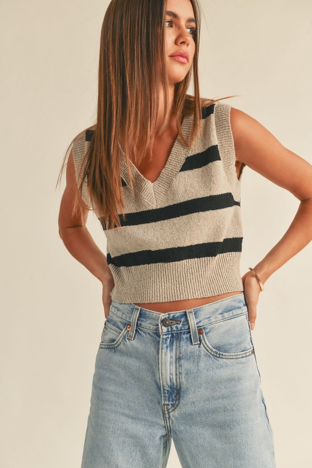 Striped Pattern Knitted Vest in Stone/Black, Size: Small