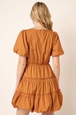 Balloon Sleeve, Bubble Hem, Mini Dress in Camel