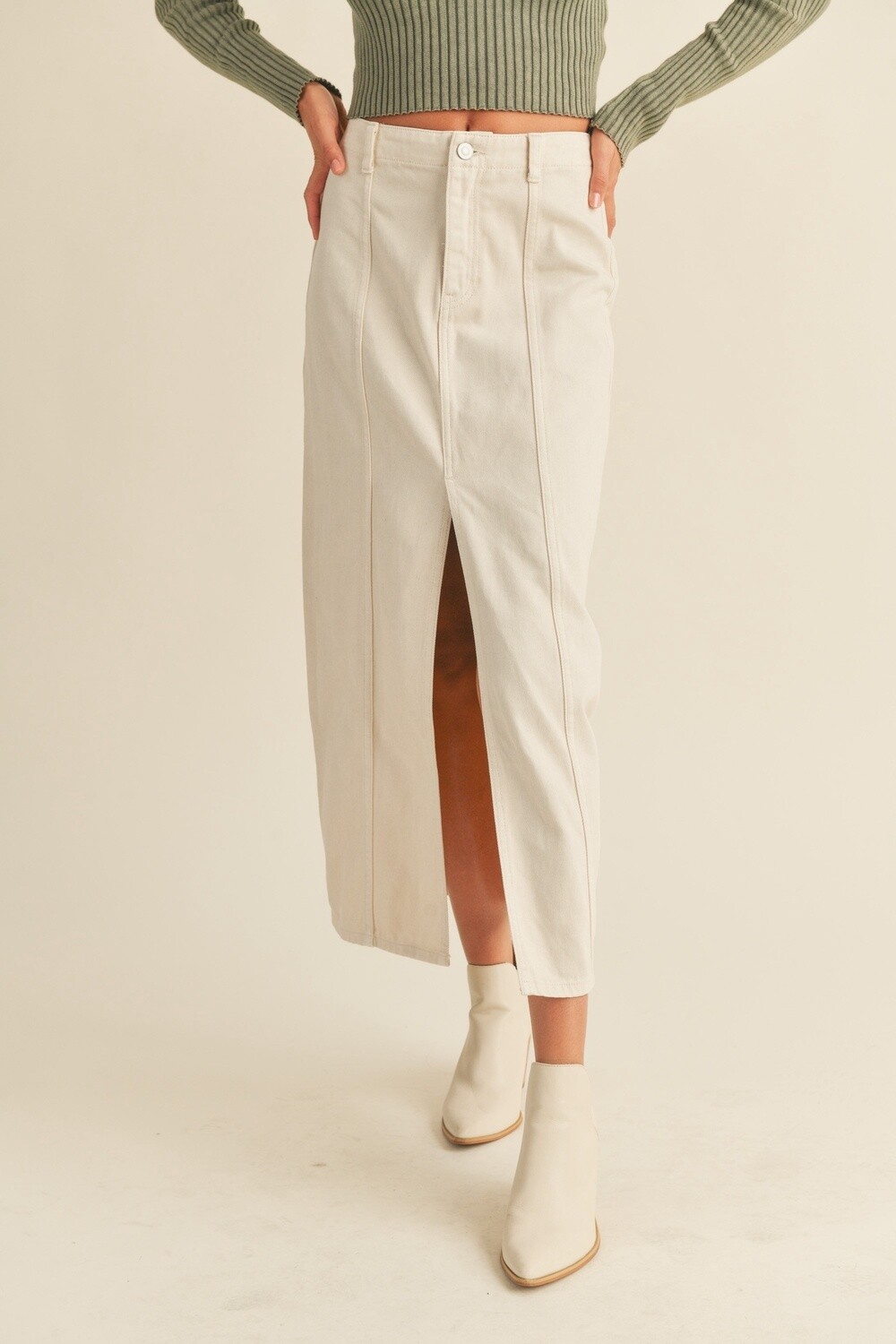 Washed Cotton, Slit Front, Long Skirt in Beige