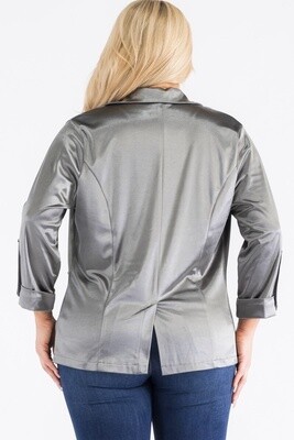 Satin Button Front Blazer in Black