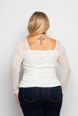 Mesh Square Neck Ruched Long Sleeve Top