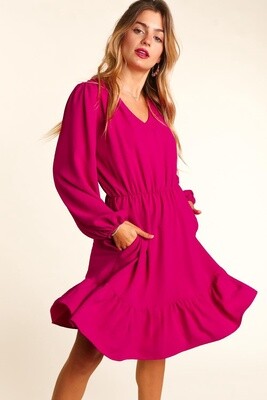 V Neck, Bubble Puff Long Sleeve Dress in Pink