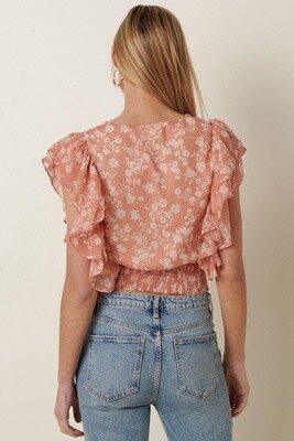 Flower Print Smocking Detail Blouse in Coral
