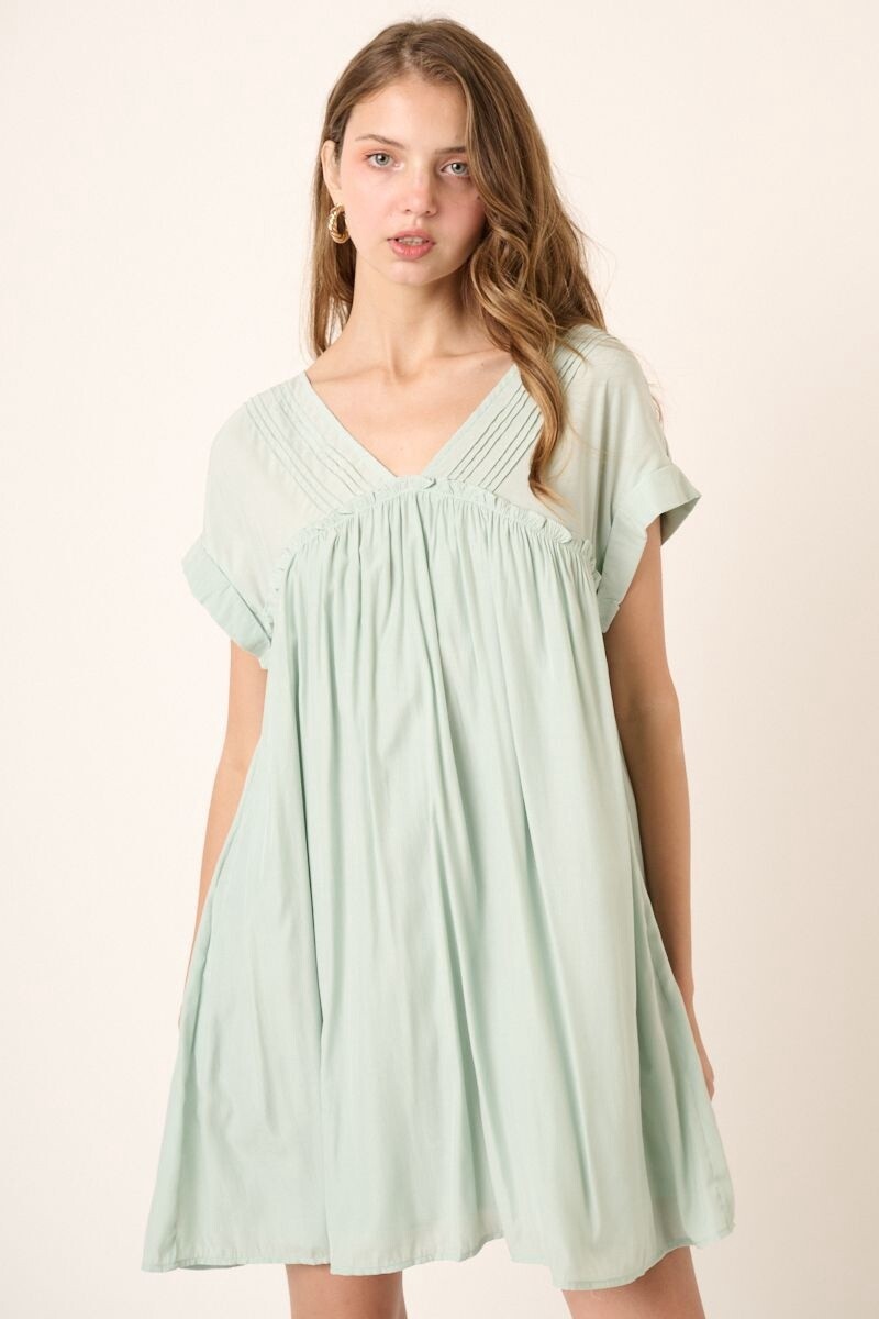 Pintuck Detail Babydoll Dress in Water Blue, Size: Small