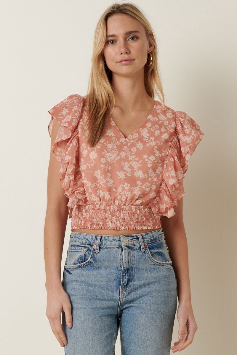 Flower Print Smocking Detail Blouse in Coral, Size: Small