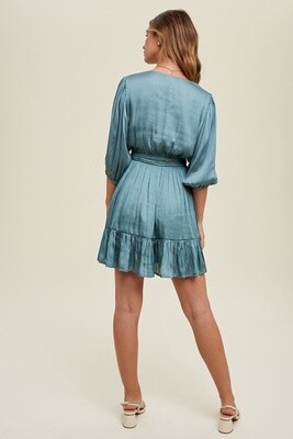 Satin Balloon Sleeve Mini Dress in Teal