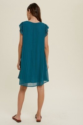 Pleated Shift Mini Dress in Teal