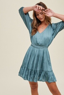 Satin Balloon Sleeve Mini Dress in Teal