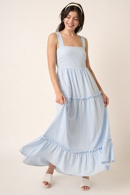Gingham Print Square Neck Maxi Dress in Blue