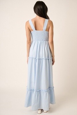 Gingham Print Square Neck Maxi Dress in Blue