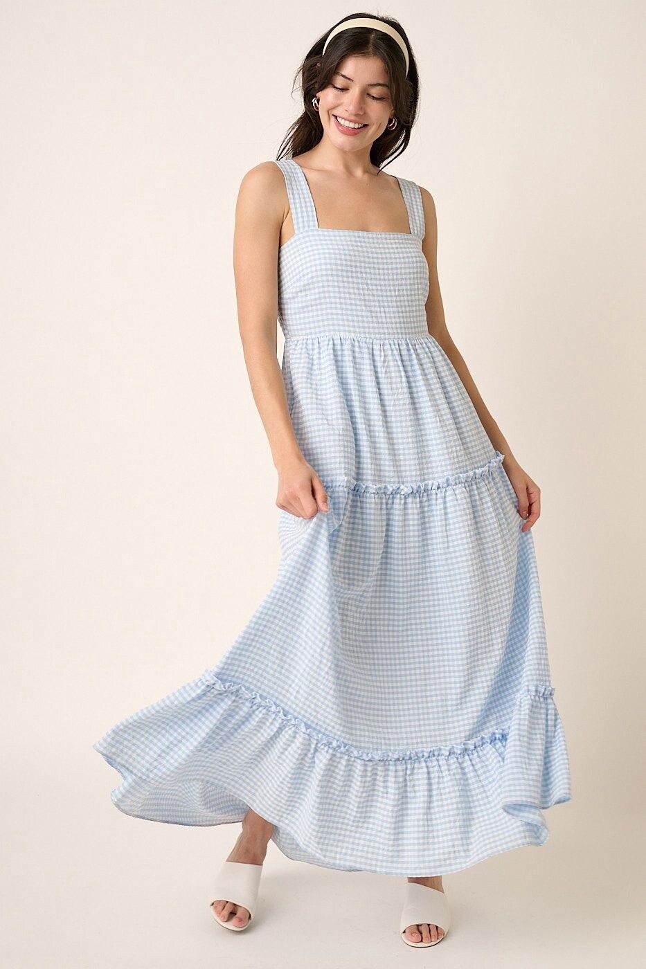 Gingham Print Square Neck Maxi Dress in Blue, Size: Small