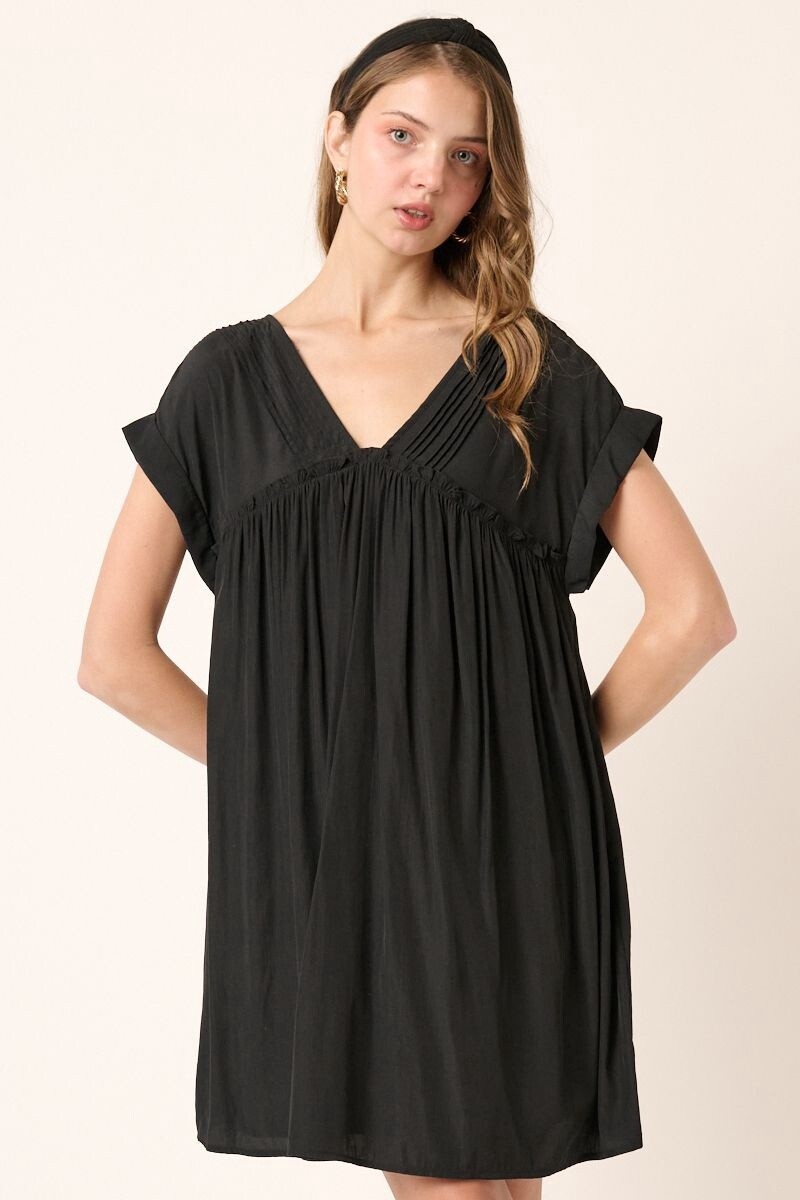 Pintuck Detail Babydoll Dress in Black, Size: Small