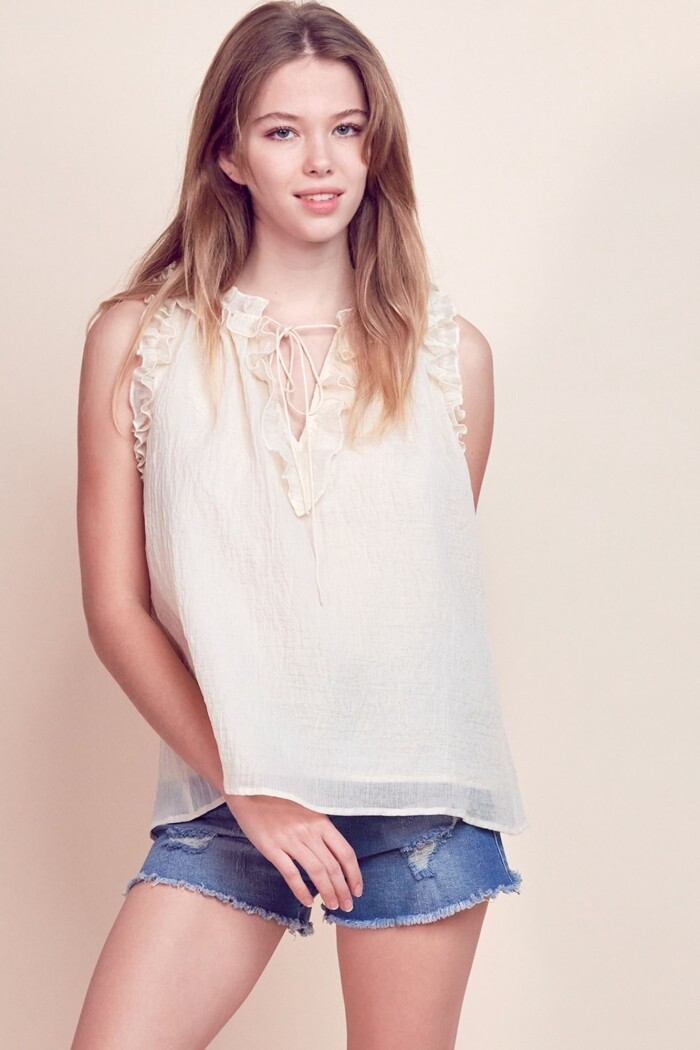Ruffle V-Neck Top in Egg White, Size: Small