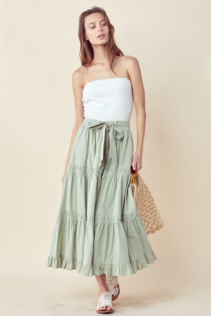 High Waisted Shirred Skirt in Pistachio, Size: Small