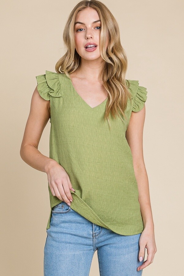 Solid Short Sleeve V-Neck Top in Avocado, Size: Small