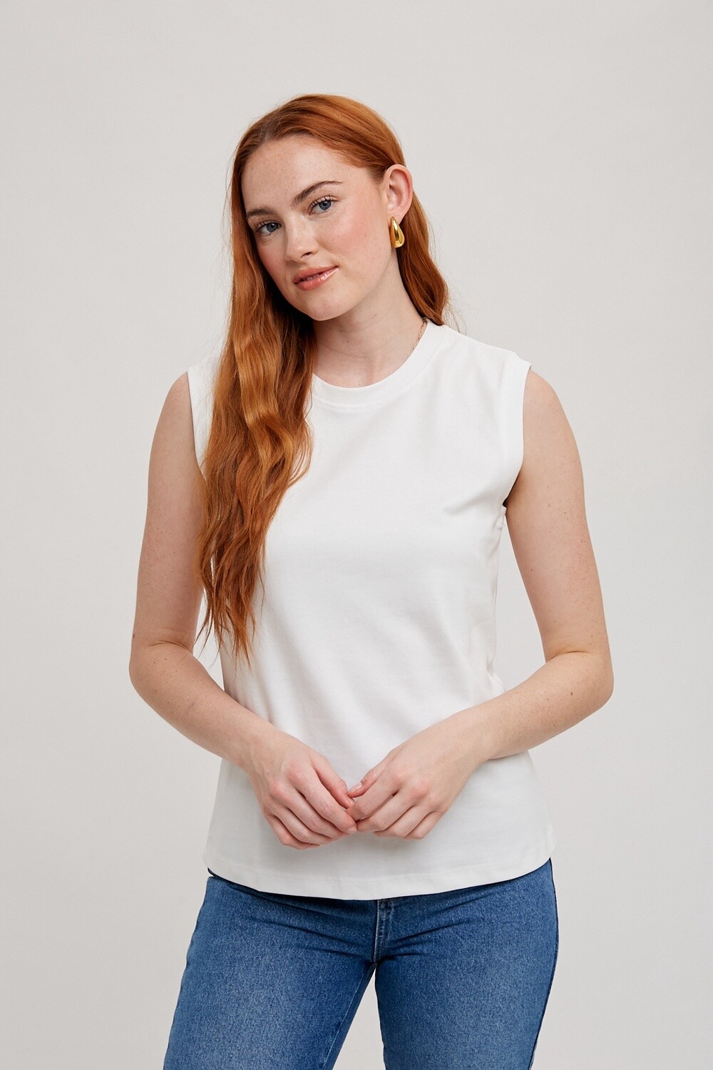Crew Neck Muscle Tank Top in Ivory, Size: Small