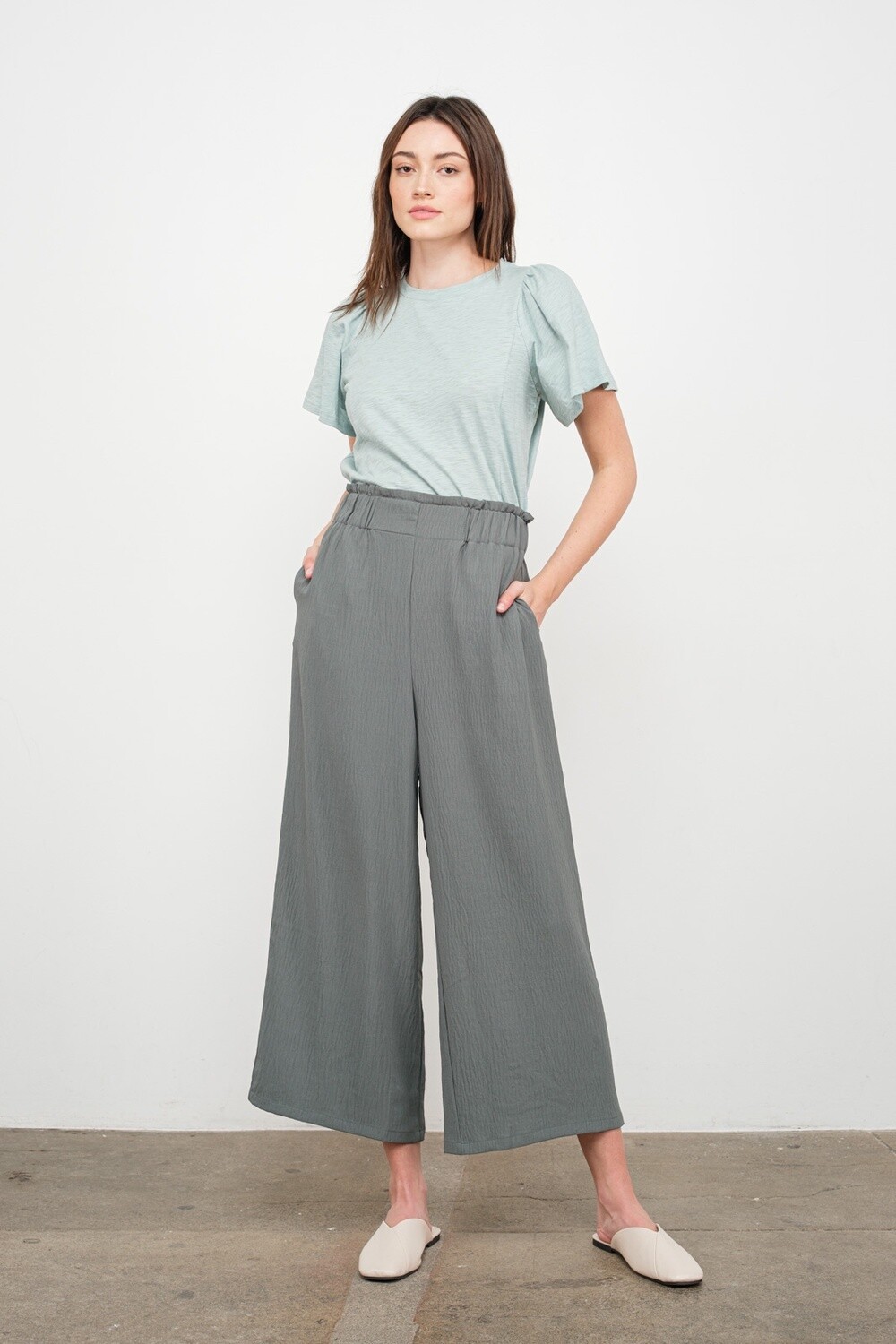 Elastic Waist Wide Leg Pant in Steel Blue, Size: Small