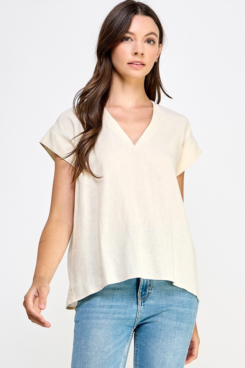 V-Neck Dolman Short Sleeve Top in Natural, Size: Small