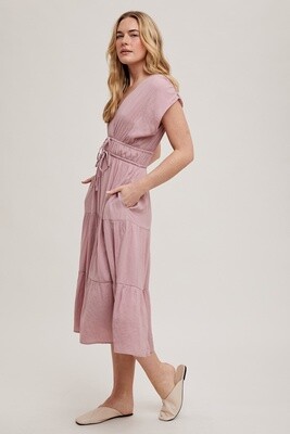 Elastic Waist Midi Dress in Pink