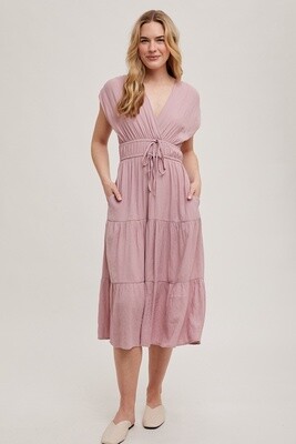 Elastic Waist Midi Dress in Pink
