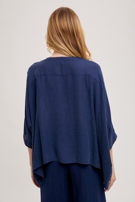 Textured Raw Edge Boxy Top in Navy