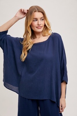 Textured Raw Edge Boxy Top in Navy