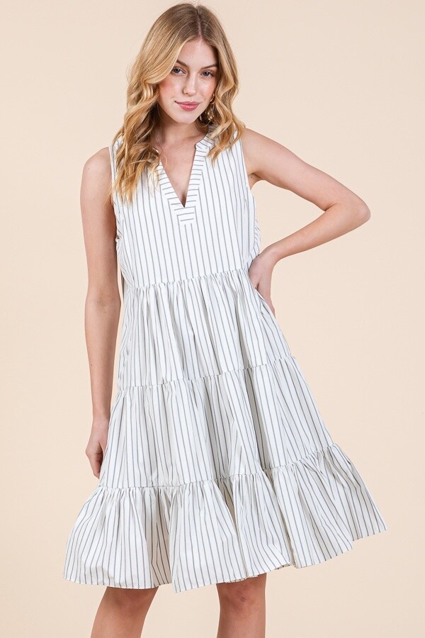 Vertical Striped V-Neck Midi Dress