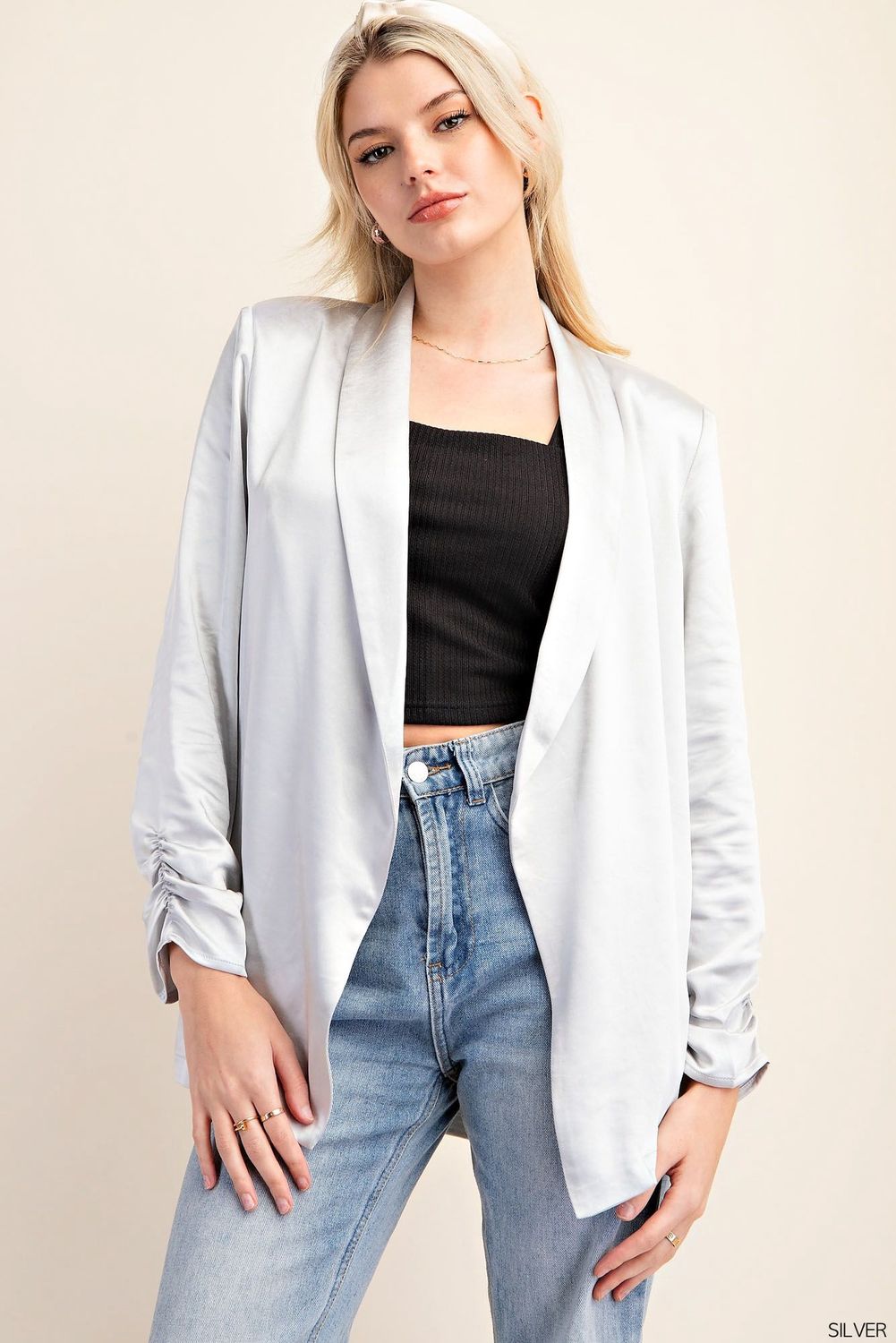 Open Blazer with Cinch Sleeve in Silver, Size: Small
