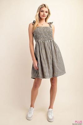 Gingham Smocked Strappy Dress in Black/Ivory