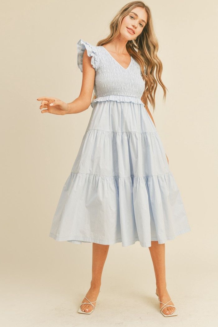 Smocked Midi Tiered Dress in Sky Blue, Size: Small