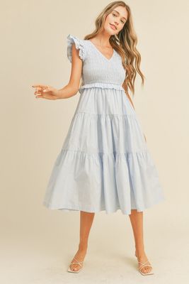 Smocked Midi Tiered Dress in Sky Blue
