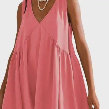 Summer V-neck Pleated Sleeveless Dress in Pink