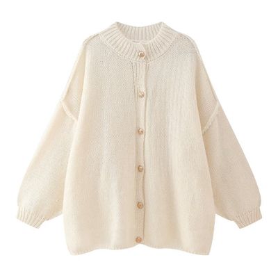 Chunky Button Down Bat Sleeved Cardigan in Beige
