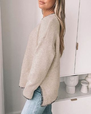 Crewneck Casual Slit Pullover Sweater in Khaki