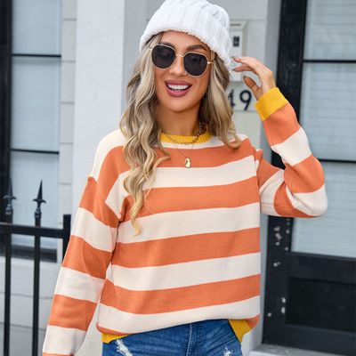 Crew Neck Striped Pullover in Orange