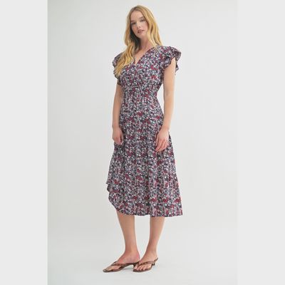 Ditsy Floral Ruffle Sleeve Tiered Dress in Navy
